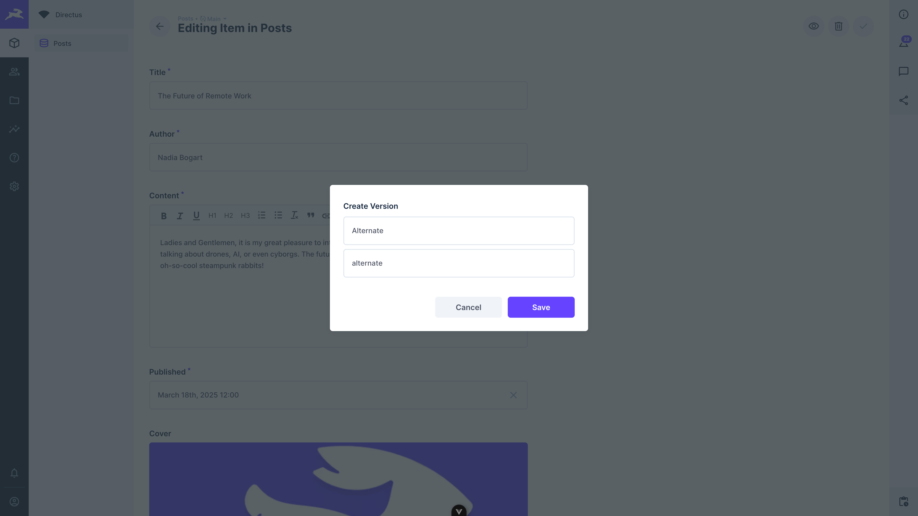 Creating a new version in the content module